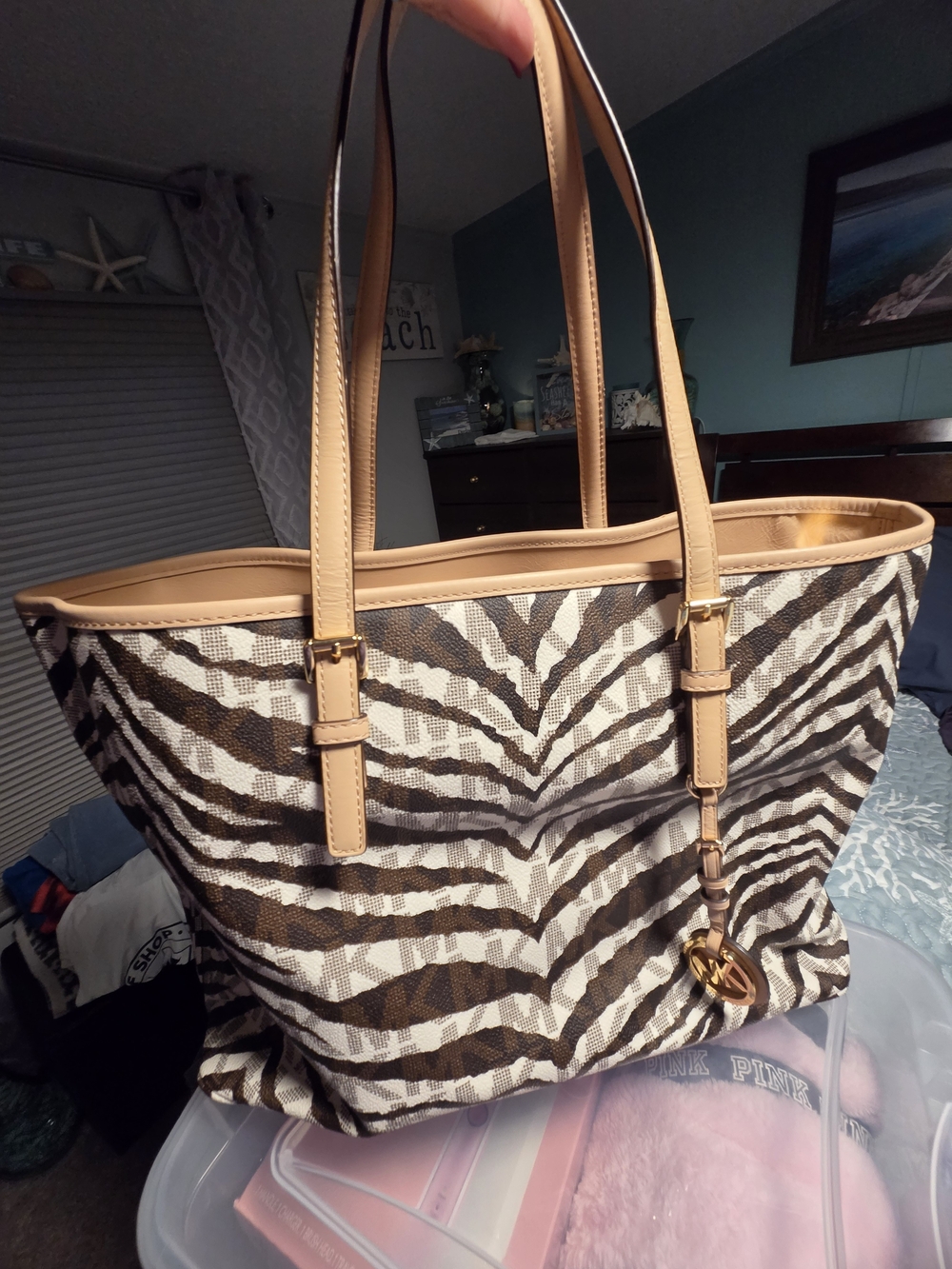 Canvas Zebra-Print Tote Bag with Tan Trim